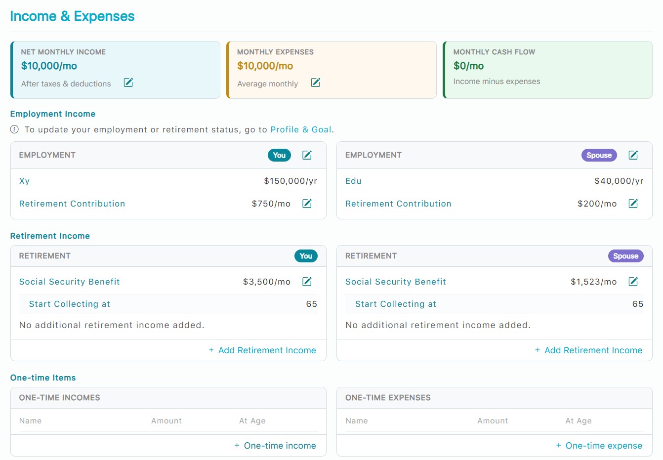 Income and expenses input form